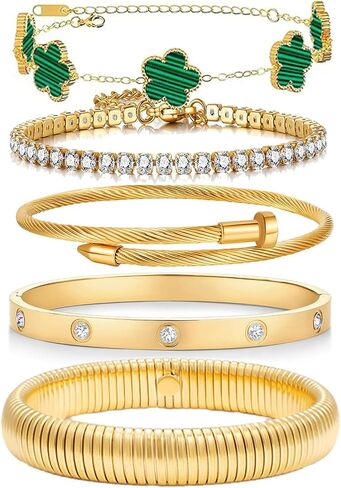 18 K Gold Plated Bangle Bracelet,5-Piece Floral Tennis Bracelet Collection with Crystal Rhinestones,Watch Band Chains Wristband Jewelry,Christmas Valentines Birthday Gifts. in Kuwait