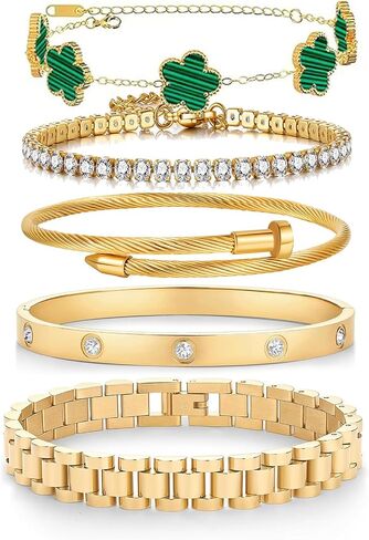 18 K Gold Plated Bangle Bracelet,5-Piece Floral Tennis Bracelet Collection with Crystal Rhinestones,Watch Band Chains Wristband Jewelry,Christmas Valentines Birthday Gifts. in Kuwait