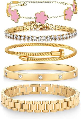 18 K Gold Plated Bangle Bracelet,5-Piece Floral Tennis Bracelet Collection with Crystal Rhinestones,Watch Band Chains Wristband Jewelry,Christmas Valentines Birthday Gifts. in Kuwait