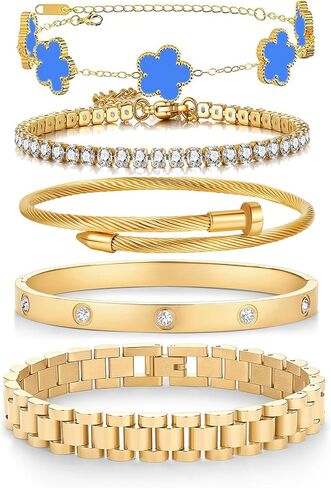 18 K Gold Plated Bangle Bracelet,5-Piece Floral Tennis Bracelet Collection with Crystal Rhinestones,Watch Band Chains Wristband Jewelry,Christmas Valentines Birthday Gifts. in Kuwait