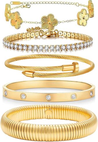18 K Gold Plated Bangle Bracelet,5-Piece Floral Tennis Bracelet Collection with Crystal Rhinestones,Watch Band Chains Wristband Jewelry,Christmas Valentines Birthday Gifts. in Kuwait