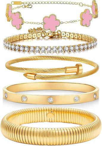 18 K Gold Plated Bangle Bracelet,5-Piece Floral Tennis Bracelet Collection with Crystal Rhinestones,Watch Band Chains Wristband Jewelry,Christmas Valentines Birthday Gifts. in Kuwait