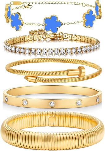 18 K Gold Plated Bangle Bracelet,5-Piece Floral Tennis Bracelet Collection with Crystal Rhinestones,Watch Band Chains Wristband Jewelry,Christmas Valentines Birthday Gifts. in Kuwait