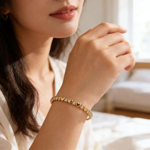 18K Gold Plated Heart Bracelet for Women, Waterproof Stainless Steel Jewelry, Sparkling Cubic Zirconia Bangle Gift for Her in Kuwait