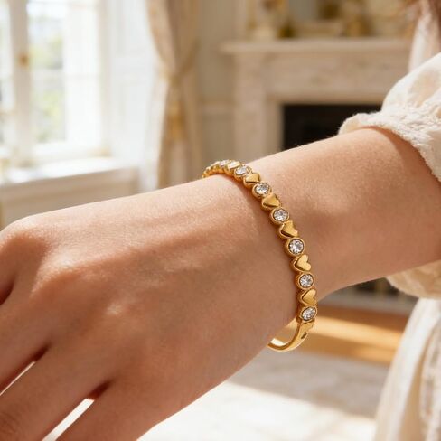 18K Gold Plated Heart Bracelet for Women, Waterproof Stainless Steel Jewelry, Sparkling Cubic Zirconia Bangle Gift for Her in Kuwait