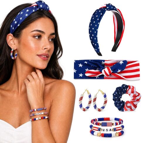 VOCOSTE 4th of July Hair Accessories for Women, Patriotic Red White Blue American Flag Bandana Headband Hair Tie Earrings Bracelet Set for Memorial Day Soccer Match Day in Kuwait