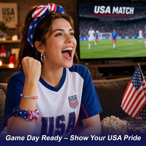 VOCOSTE 4th of July Hair Accessories for Women, Patriotic Red White Blue American Flag Bandana Headband Hair Tie Earrings Bracelet Set for Memorial Day Soccer Match Day in Kuwait