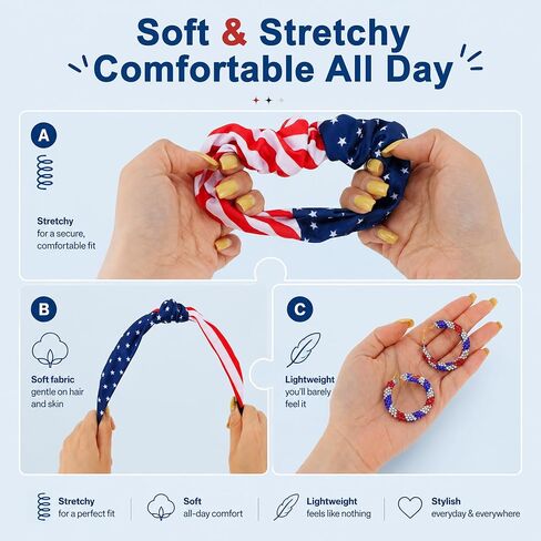 VOCOSTE 4th of July Hair Accessories for Women, Patriotic Red White Blue American Flag Bandana Headband Hair Tie Earrings Bracelet Set for Memorial Day Soccer Match Day in Kuwait