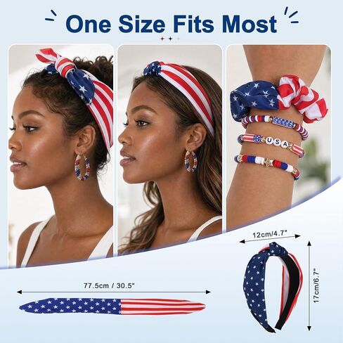 VOCOSTE 4th of July Hair Accessories for Women, Patriotic Red White Blue American Flag Bandana Headband Hair Tie Earrings Bracelet Set for Memorial Day Soccer Match Day in Kuwait