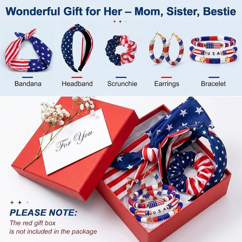 VOCOSTE 4th of July Hair Accessories for Women, Patriotic Red White Blue American Flag Bandana Headband Hair Tie Earrings Bracelet Set for Memorial Day Soccer Match Day in Kuwait