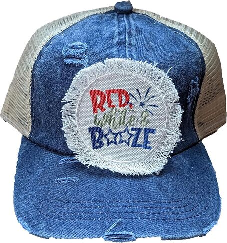 Red White and Booze Funny Drinking Hat, 4th of July Trucker Cap, Distressed Criss Cross Ponytail Hat in Kuwait