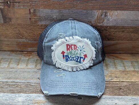 Red White and Booze Funny Drinking Hat, 4th of July Trucker Cap, Distressed Criss Cross Ponytail Hat in Kuwait