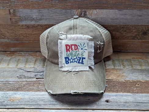 Red White and Booze Funny Drinking Hat, 4th of July Trucker Cap, Distressed Criss Cross Ponytail Hat in Kuwait