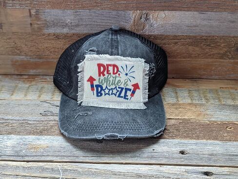 Red White and Booze Funny Drinking Hat, 4th of July Trucker Cap, Distressed Criss Cross Ponytail Hat in Kuwait