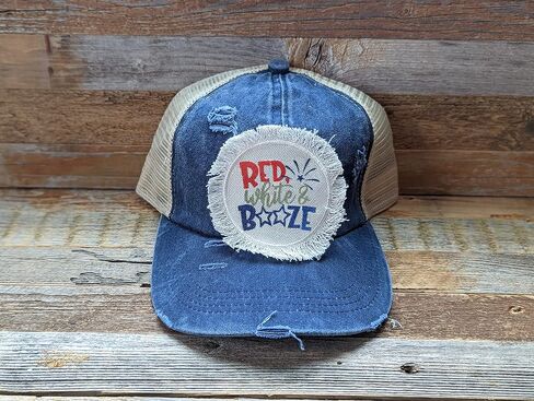 Red White and Booze Funny Drinking Hat, 4th of July Trucker Cap, Distressed Criss Cross Ponytail Hat in Kuwait
