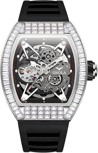 Mens Luxury Tonneau Mechanical Watches Rhinestone Inlay Skeleton Watch Big Dial Silicone Strap Waterproof Luminous Men's Automatic Wristwatch in Saudi Arabia