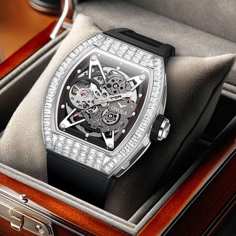 Mens Luxury Tonneau Mechanical Watches Rhinestone Inlay Skeleton Watch Big Dial Silicone Strap Waterproof Luminous Men's Automatic Wristwatch in Saudi Arabia
