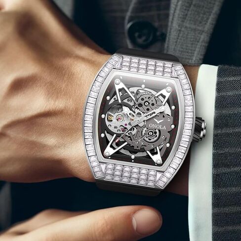 Mens Luxury Tonneau Mechanical Watches Rhinestone Inlay Skeleton Watch Big Dial Silicone Strap Waterproof Luminous Men's Automatic Wristwatch in Saudi Arabia