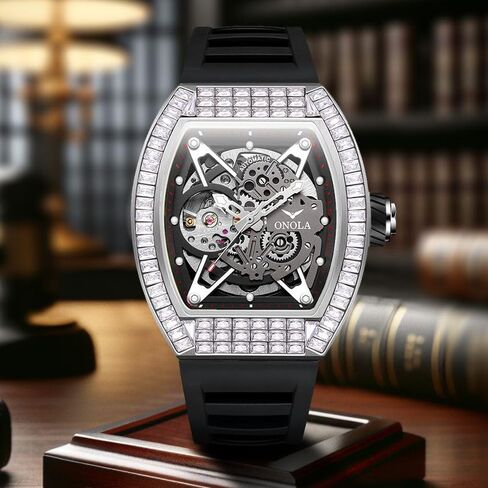 Mens Luxury Tonneau Mechanical Watches Rhinestone Inlay Skeleton Watch Big Dial Silicone Strap Waterproof Luminous Men's Automatic Wristwatch in Saudi Arabia