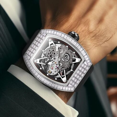Mens Luxury Tonneau Mechanical Watches Rhinestone Inlay Skeleton Watch Big Dial Silicone Strap Waterproof Luminous Men's Automatic Wristwatch in Saudi Arabia