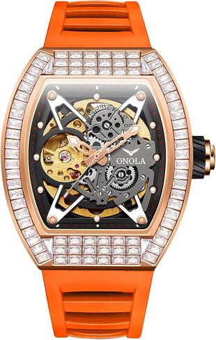 Mens Luxury Tonneau Mechanical Watches Rhinestone Inlay Skeleton Watch Big Dial Silicone Strap Waterproof Luminous Men's Automatic Wristwatch in Saudi Arabia