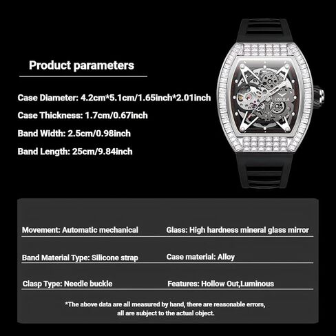 Mens Luxury Tonneau Mechanical Watches Rhinestone Inlay Skeleton Watch Big Dial Silicone Strap Waterproof Luminous Men's Automatic Wristwatch in Saudi Arabia