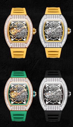 Mens Luxury Tonneau Mechanical Watches Rhinestone Inlay Skeleton Watch Big Dial Silicone Strap Waterproof Luminous Men's Automatic Wristwatch in Saudi Arabia