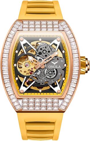 Mens Luxury Tonneau Mechanical Watches Rhinestone Inlay Skeleton Watch Big Dial Silicone Strap Waterproof Luminous Men's Automatic Wristwatch in Saudi Arabia