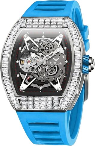 Mens Luxury Tonneau Mechanical Watches Rhinestone Inlay Skeleton Watch Big Dial Silicone Strap Waterproof Luminous Men's Automatic Wristwatch in Saudi Arabia