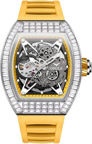 Mens Luxury Tonneau Mechanical Watches Rhinestone Inlay Skeleton Watch Big Dial Silicone Strap Waterproof Luminous Men's Automatic Wristwatch in Saudi Arabia