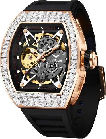 Mens Luxury Tonneau Mechanical Watches Rhinestone Inlay Skeleton Watch Big Dial Silicone Strap Waterproof Luminous Men's Automatic Wristwatch in Saudi Arabia