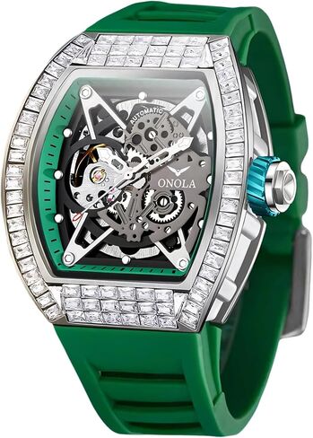 Mens Luxury Tonneau Mechanical Watches Rhinestone Inlay Skeleton Watch Big Dial Silicone Strap Waterproof Luminous Men's Automatic Wristwatch in Saudi Arabia