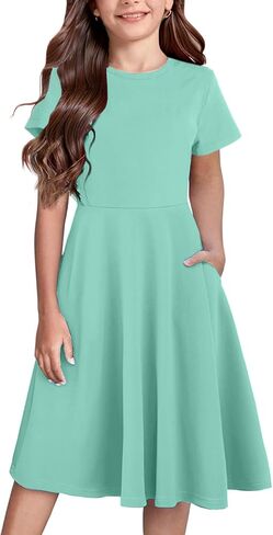 Girls Short Sleeve Dresses Crew Flowy Twirl School Casual Summer Midi Basic Dress Pockets for 7-14 Years Teen Girl in Saudi Arabia