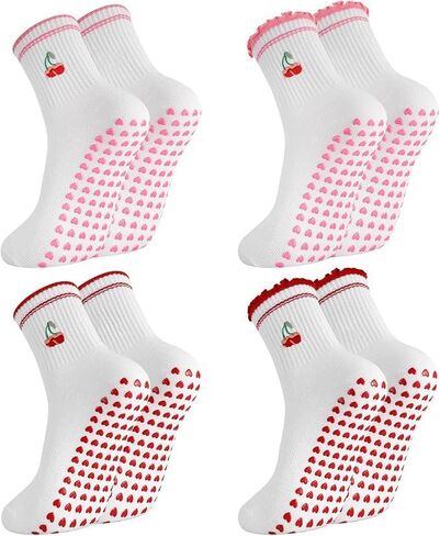 4 Pairs Pilates Socks with Grips for Women - Cute Embroidery&Ruffle Cuff for Yoga, Barre,Ballet,Home,Studio,Hospital in Saudi Arabia