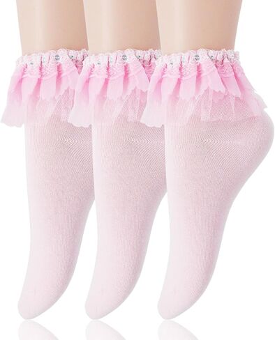 Women Ruffle Lace Socks Double Layer Cute Frilly Girl Princess Ankle Cotton Socks 3 Pairs Purple in Saudi Arabia