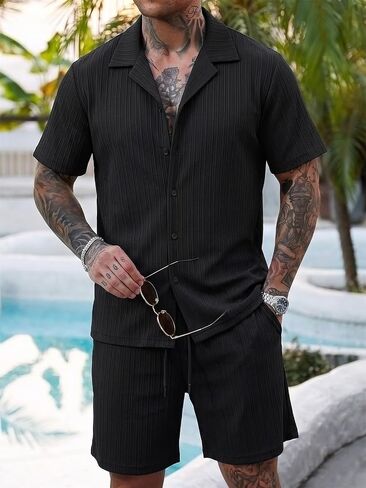 Men's 2 Piece Sets Button Down Shirts and Shorts for Summer Casual Vacation Beach in Kuwait