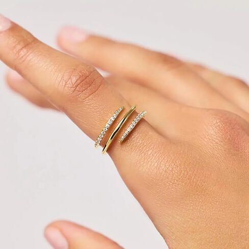 18K Gold Plated Three Line Open Ring 5A Zircon Micro-Set Ends Adjustable Minimalist Pinky Statement Ring for Women in Saudi Arabia