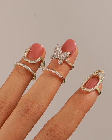 LOVECOM 3Pcs Butterfly Manicure Nail Rings Set for Women Gold False Fingernails Finger Tip Adjustable No Glue Nail Ring for Non-Tarnish Metal and Acrylic Nails Ring Art Decoration Gifts (Gold-3Pcs) in Saudi Arabia