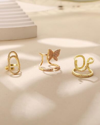 LOVECOM 3Pcs Butterfly Manicure Nail Rings Set for Women Gold False Fingernails Finger Tip Adjustable No Glue Nail Ring for Non-Tarnish Metal and Acrylic Nails Ring Art Decoration Gifts (Gold-3Pcs) in Saudi Arabia