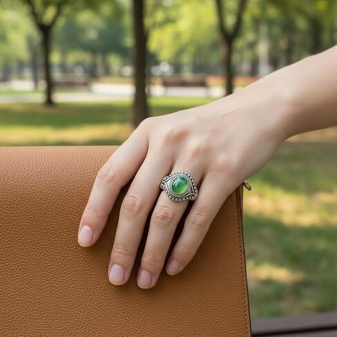 Retro Eye Shape Punk Ring, Jade Agate Natural Gemstone, S925 Sterling Silver, Wide Band, Cocktail Party Bohemian Jewelry for Women in Kuwait