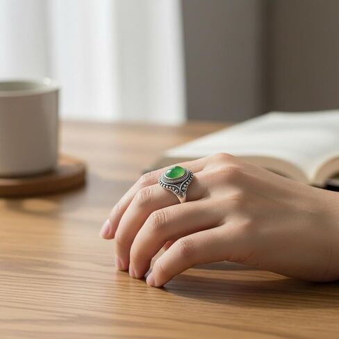 Retro Eye Shape Punk Ring, Jade Agate Natural Gemstone, S925 Sterling Silver, Wide Band, Cocktail Party Bohemian Jewelry for Women in Kuwait