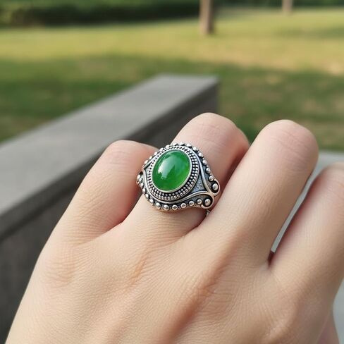 Retro Eye Shape Punk Ring, Jade Agate Natural Gemstone, S925 Sterling Silver, Wide Band, Cocktail Party Bohemian Jewelry for Women in Kuwait