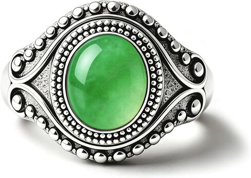 Retro Eye Shape Punk Ring, Jade Agate Natural Gemstone, S925 Sterling Silver, Wide Band, Cocktail Party Bohemian Jewelry for Women in Kuwait