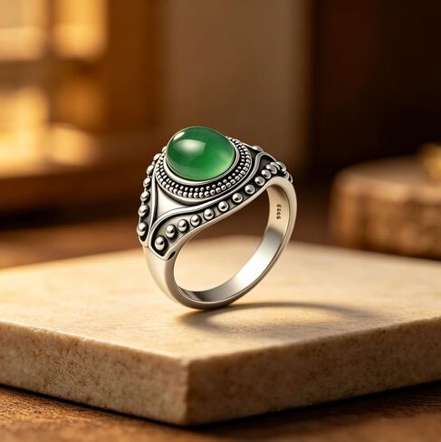 Retro Eye Shape Punk Ring, Jade Agate Natural Gemstone, S925 Sterling Silver, Wide Band, Cocktail Party Bohemian Jewelry for Women in Kuwait