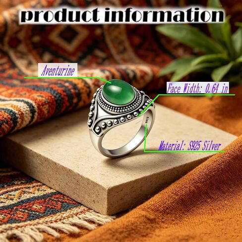 Retro Eye Shape Punk Ring, Jade Agate Natural Gemstone, S925 Sterling Silver, Wide Band, Cocktail Party Bohemian Jewelry for Women in Kuwait
