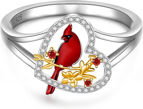 Fenthring Red Cardinal Ring S925 Sterling Silver Cardinal Jewelry Heart Bird Inspirational Rings for Women Memorial Gifts for Loved One Size 6 7 8 9 10 in Kuwait
