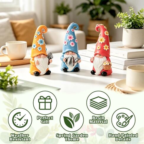 Pohabery 3Pcs Whimsical Floral Garden Gnomes – Hand-Painted Resin Waterproof Spring Summer Indoor Outdoor Decor for Table, Farmhouse, Home, Kitchen, Unique Gifts for Garden Lovers in Saudi Arabia