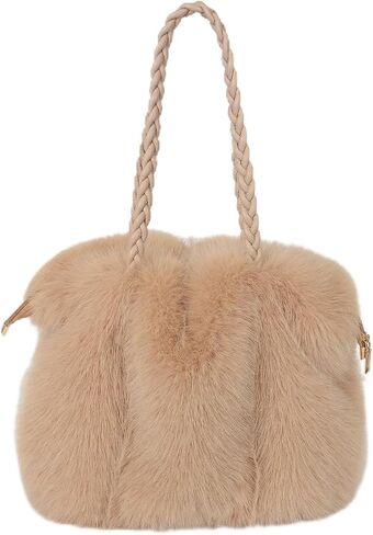 Women’s Faux Fur Handbag, Soft Fluffy Winter Purse with Braided Top Handle and Zipper Closure, Plush Shoulder in Saudi Arabia