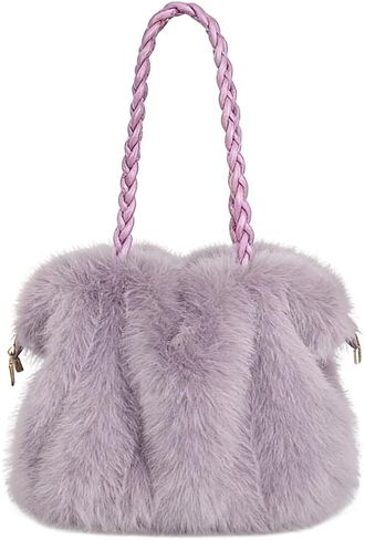 Women’s Faux Fur Handbag, Soft Fluffy Winter Purse with Braided Top Handle and Zipper Closure, Plush Shoulder in Kuwait