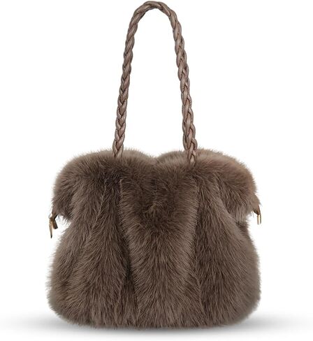 Women’s Faux Fur Handbag, Soft Fluffy Winter Purse with Braided Top Handle and Zipper Closure, Plush Shoulder in Kuwait